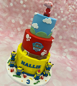 3 tier birthday cake with Peppa Pig, Paw Patrol and Minions